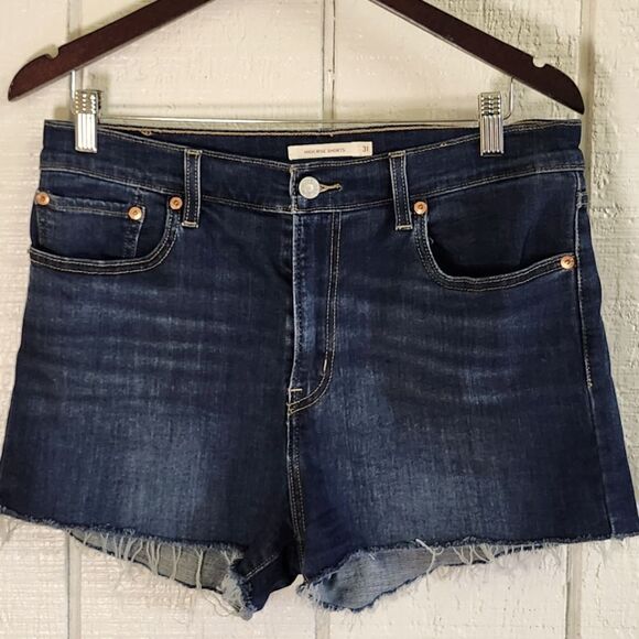 LEVI'S Women's High Rise Dk Wash Blue Denim Fringed Summer Short Shorts Size 31 - Picture 1 of 12